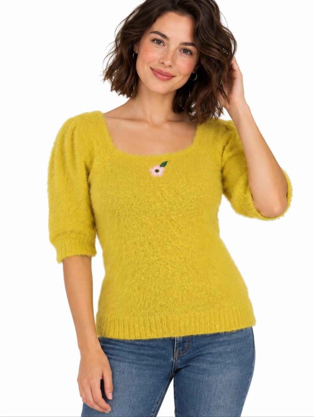 GREYLIN Sweater M Yellow Fuzzy Floral Embroidered Puff Sleeve Knit
